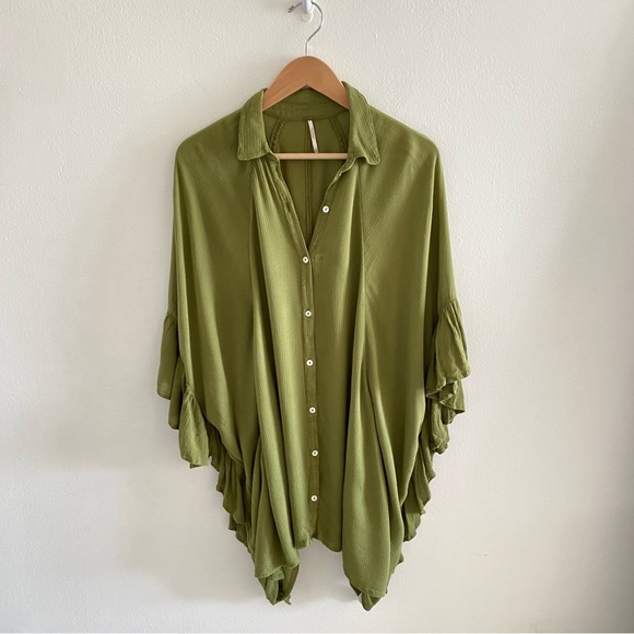 Free People Tops - Free People ruffle tunic button down Green Sz XS